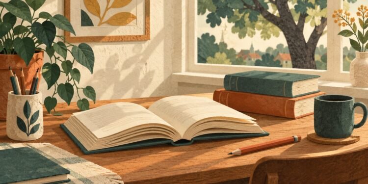 Намальовані книги й олівець на столі біля вікна. Редакційна ілюстрація.